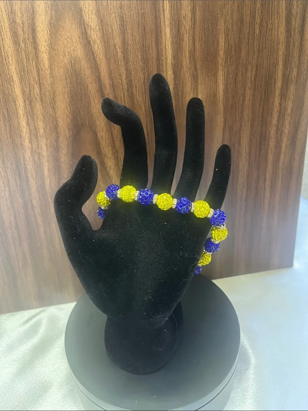 Yellow and Blue Rhinestone Bead Bracelet with rhinestone spacers.